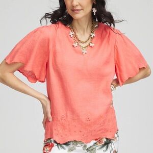 Chicos 100% Linen Embroidered Scalloped Hem Size XL (3) Blouse in Melon Mamba